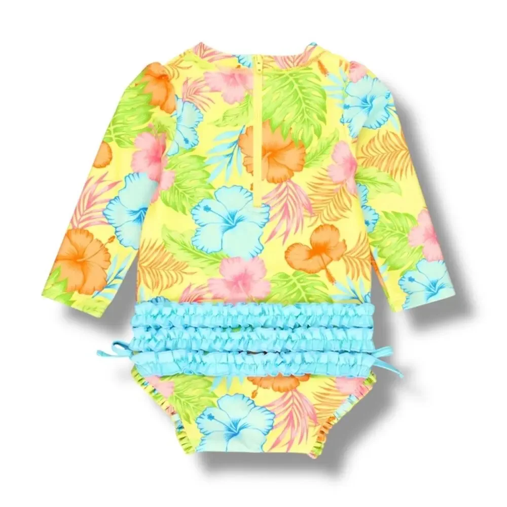RuffleButts Rash Guard Swimsuit Baby Girl 0-3M Tropical Floral UPF50